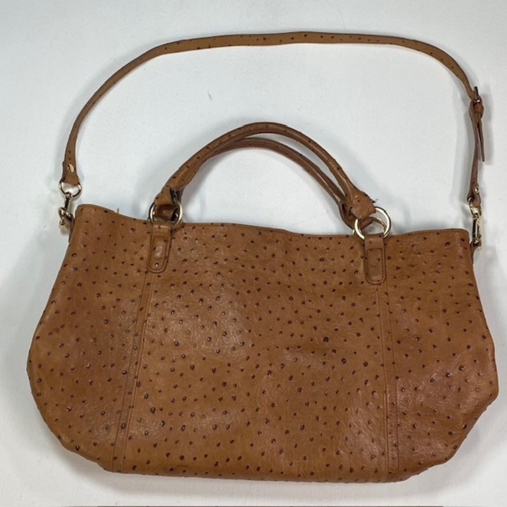 GILI Brown Ostrich Embossed‎ Leather Tote Satchel Bag Gold Hardware Strap